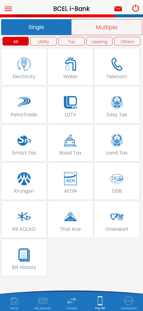 BCEL i-Bank mobile app interface displaying a grid of service icons for paying electricity, water, and tax bills.