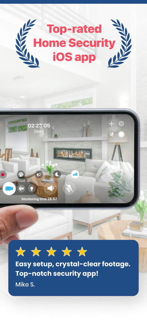 ZoomOn Home Security Camera - iPhone displaying the ZoomOn Home Security app live feed of a living room with a five star user review