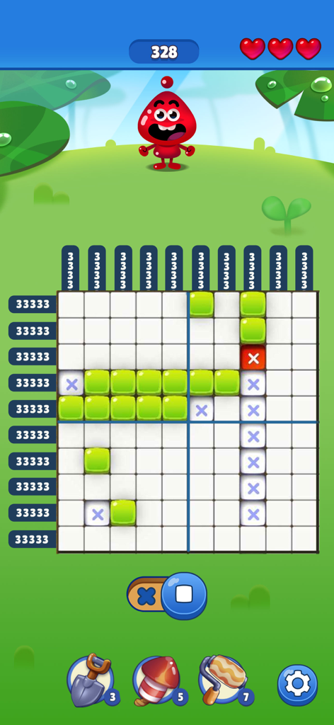 Nonogram Crossing Logic Puzzle - Nonogram Crossing Gameplay, das ein Logikrätselgitter und einen niedlichen roten Charakter zeigt.