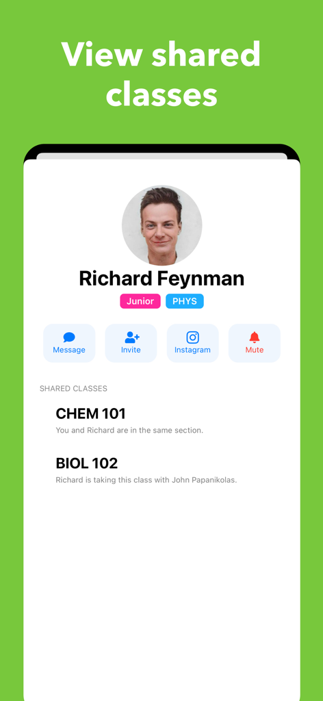 Coursicle app interface displaying shared university classes with a classmate.