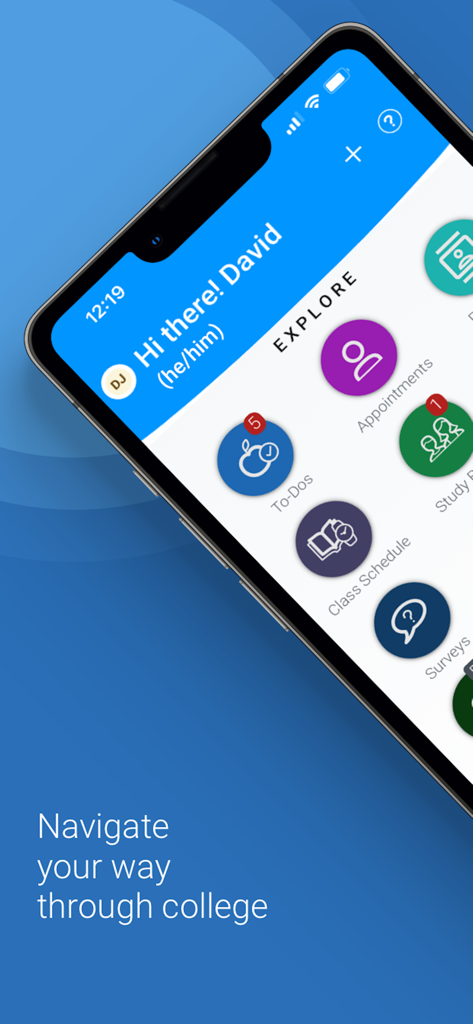 Mobile dashboard of Navigate360 Student app showing icons for To-Dos Appointments Class Schedule and Study Buddies