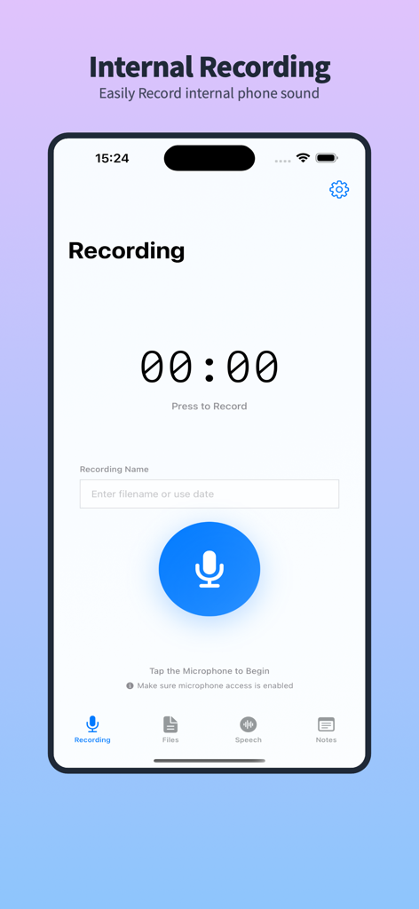 RecordIn - RecordIn app interface showing the internal audio recording screen with a large blue microphone button