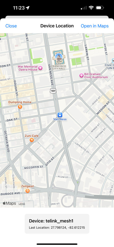 RF Aware - The device location screen showing the map coordinates of a detected RF signal