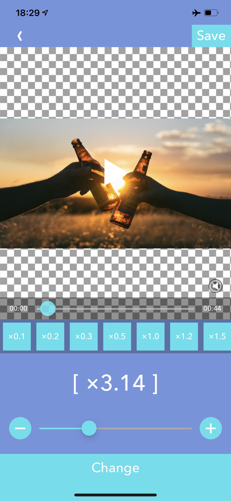 Video Speed Editor - VBooster - VBooster app interface showing a video being edited with a speed adjustment slider set to 3.14x