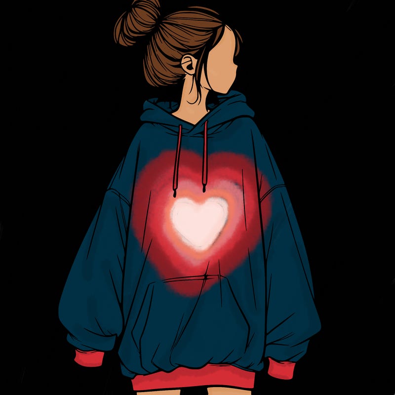realistic girl with a oversized sweatshirt on and a bun