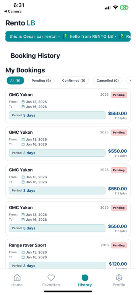 Rento LBアプリのインターフェース。GMC YukonおよびRange Rover Sport車両の複数の保留中のレンタカーリクエストが表示されるユーザーの予約履歴。