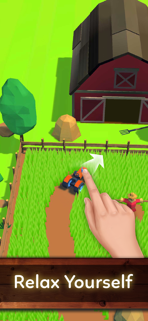 Stress Relief & Relaxing Games - A hand driving a tractor to mow grass in a relaxing low poly farm game scene