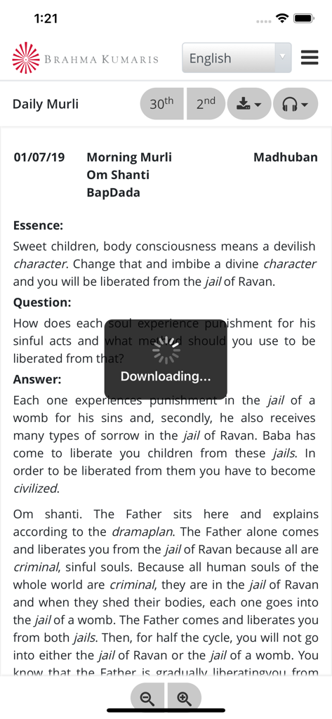 Daily spiritual discourse text in the Madhuban Murli mobile app