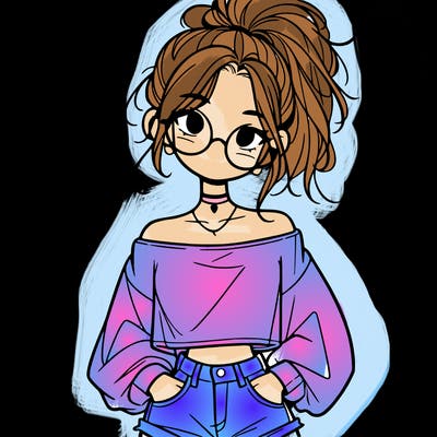 girl with a messy ponytail glasses a baggy crop top and jean shorts