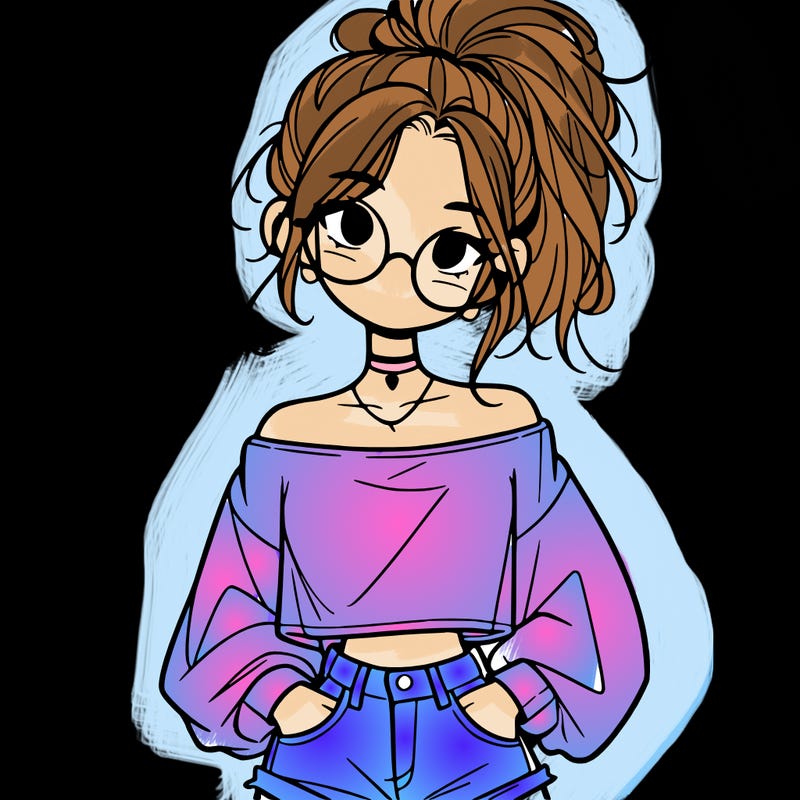 girl with a messy ponytail glasses a baggy crop top and jean shorts