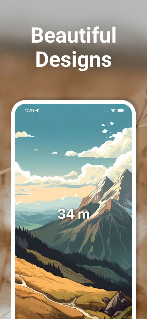 Capture d'écran de l'application Altimètre Voyage affichant 34 mètres sur un arrière-plan illustré de paysage de montagne.