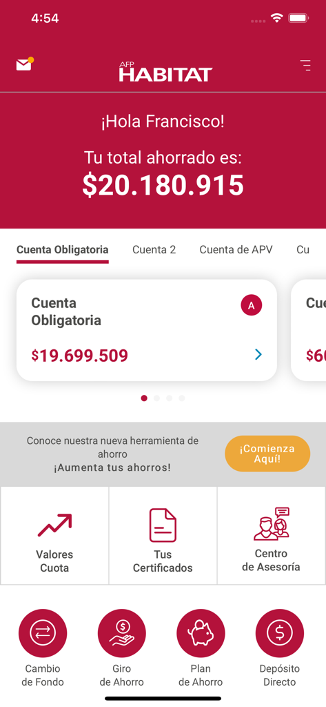 Panel de control de la aplicación AFP Habitat Chile que muestra el total de ahorros previsionales y funciones de gestión de cuenta.