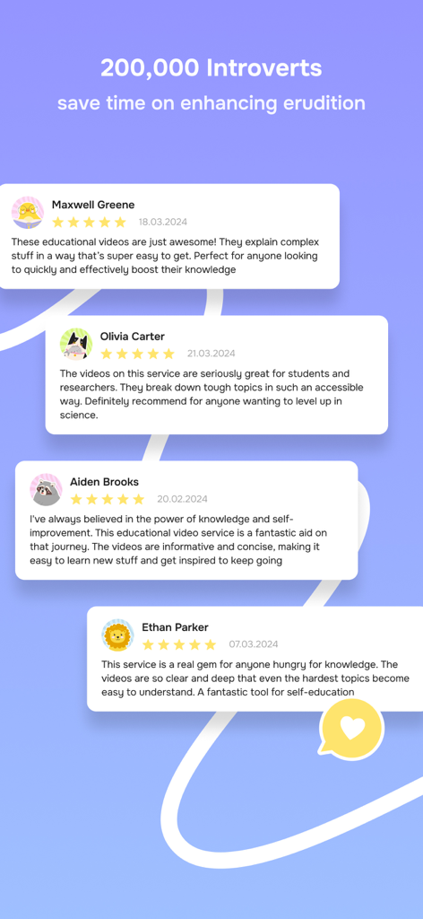 Reseñas y testimonios de usuarios de cinco estrellas para la aplicación de autodesarrollo Introvert.