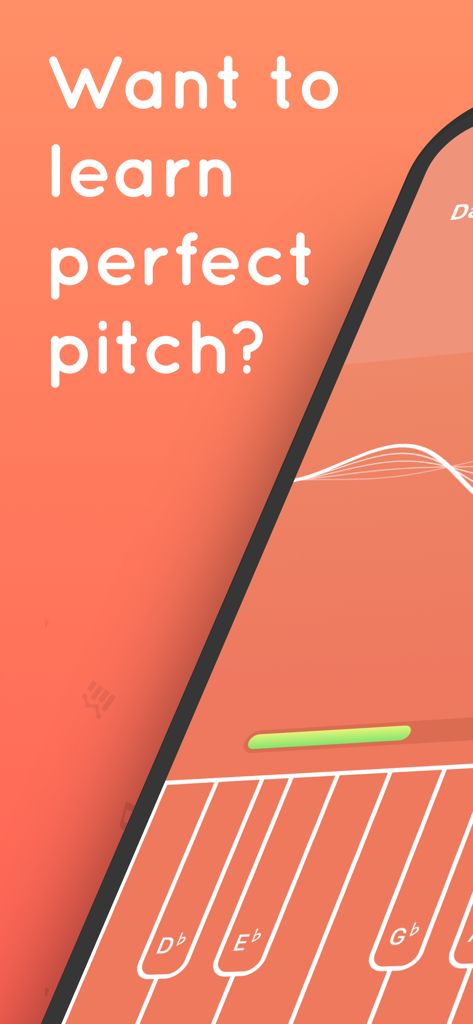 Ein Werbe-Screenshot für die Tone-App mit der Frage 'Möchtest du das absolute Gehör lernen?' mit einer Klaviertastatur-Oberfläche und einer Schallwellengrafik.