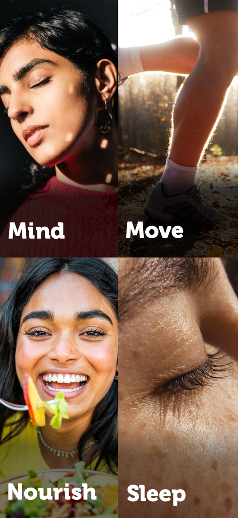 Collage aus vier Wellness-Kategorien: Geist, Bewegung, Ernährung und Schlaf mit entsprechenden Lifestyle-Bildern.