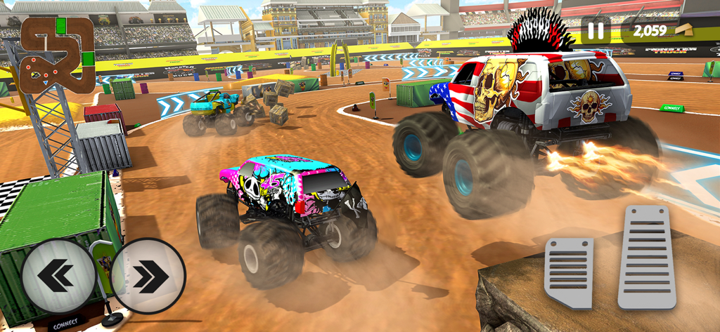 Monster Truck Offroad Race Jam - Captura de pantalla de juego de Monster Truck Offroad Race Jam con monster trucks extremos compitiendo en un estadio con tubos de escape que escupen fuego y controles táctiles.