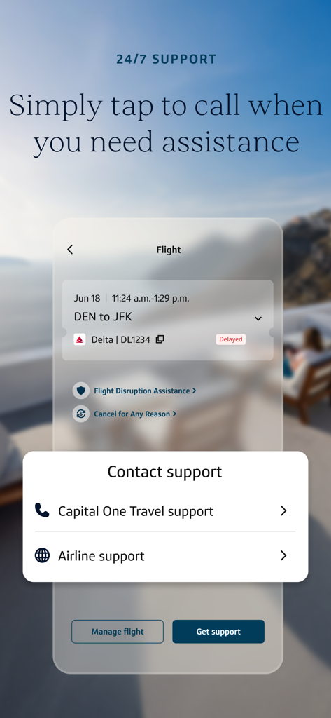 Capital One Travel app screen showing customer support contact options for a delayed flight