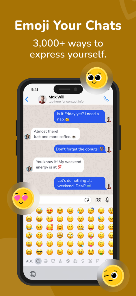 Translatify: Chat Translator - A smartphone showing the Translatify app's emoji keyboard and a messaging chat filled with expressive emoticons
