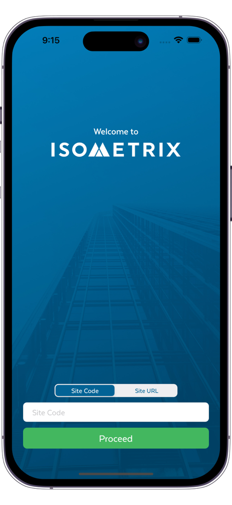 Welcome screen of the IsoMetrix app showing the site code login interface