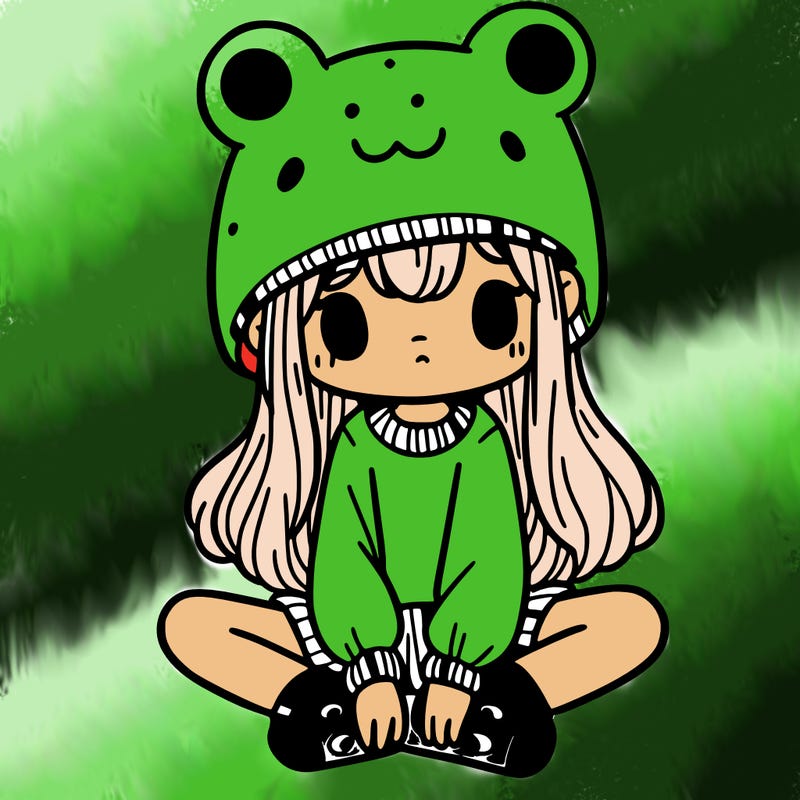 a girl wearing a frog hat and some frog socks