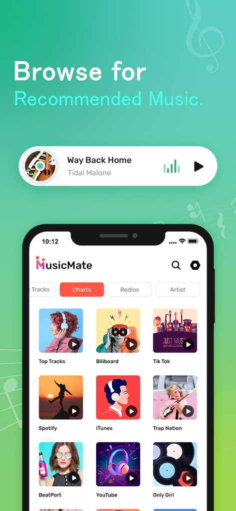 Music Mate - Top Music - Music Mate app screen showing recommended music categories and charts