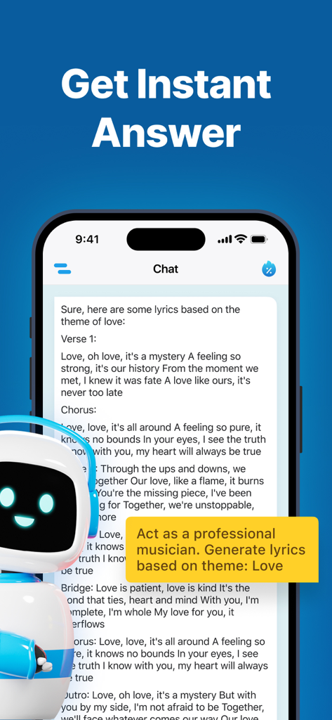 ChatAI Assistant - Chat AI Bot - ChatAI Assistant app generating song lyrics about love on an iPhone