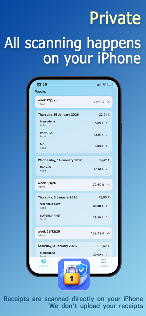 Receipt Scanner - Tracker Bill - iPhone screen showing a private receipt scanner app with weekly expense breakdowns and a focus on local data security.