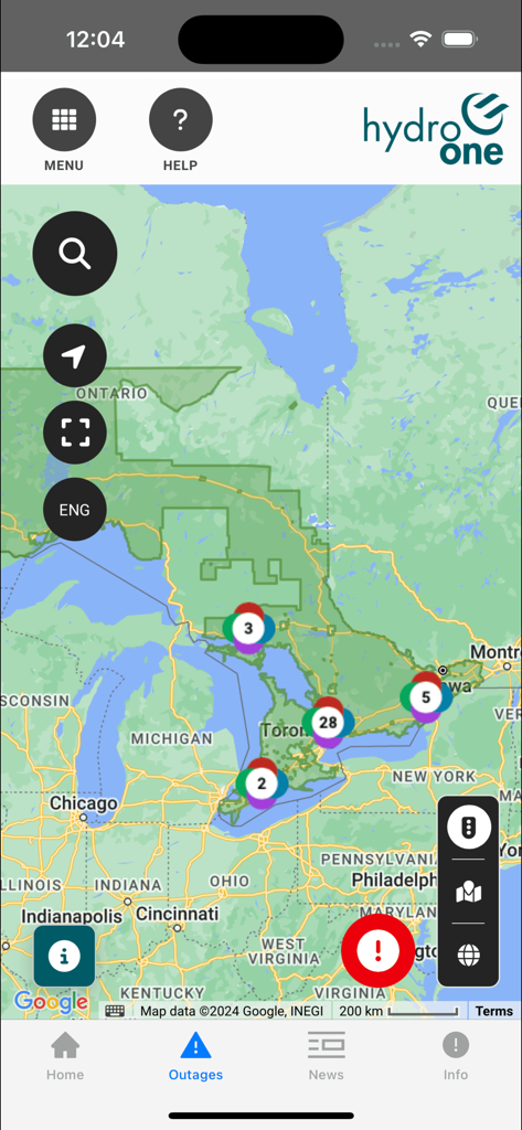 Hydro One Mobile - Hydro One Mobile app power outage map displaying current service status and affected areas in Ontario