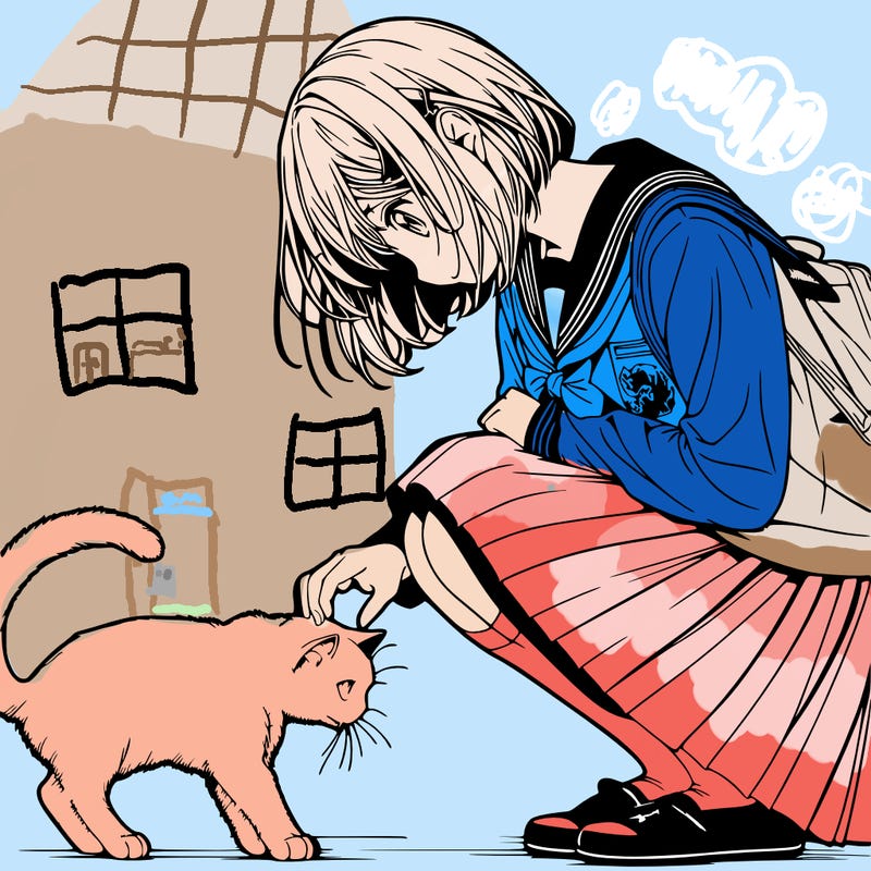 realistic anime girl bending down to pet a cat