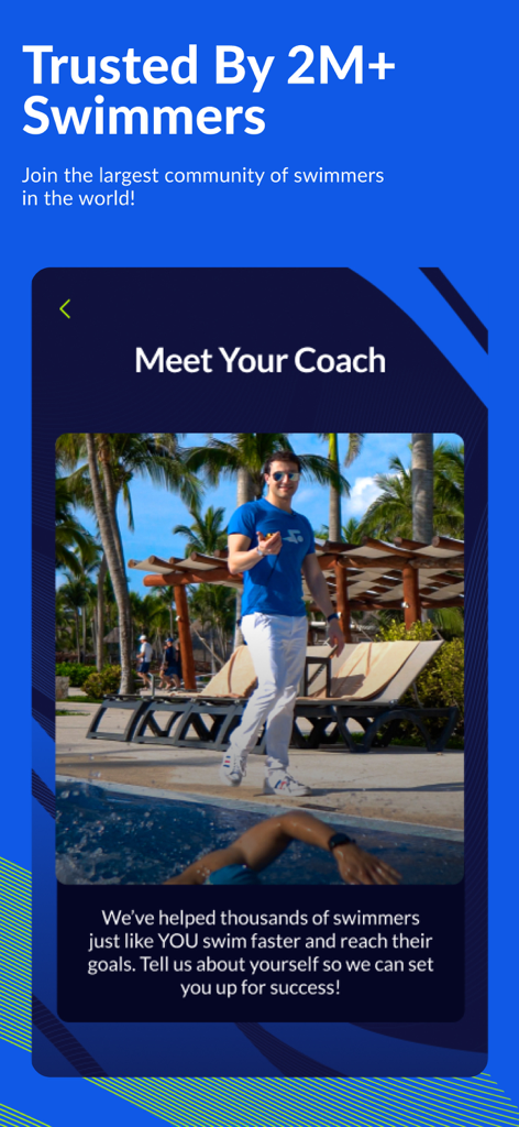 MySwimPro app screenshot showing the Meet Your Coach section and community statistics