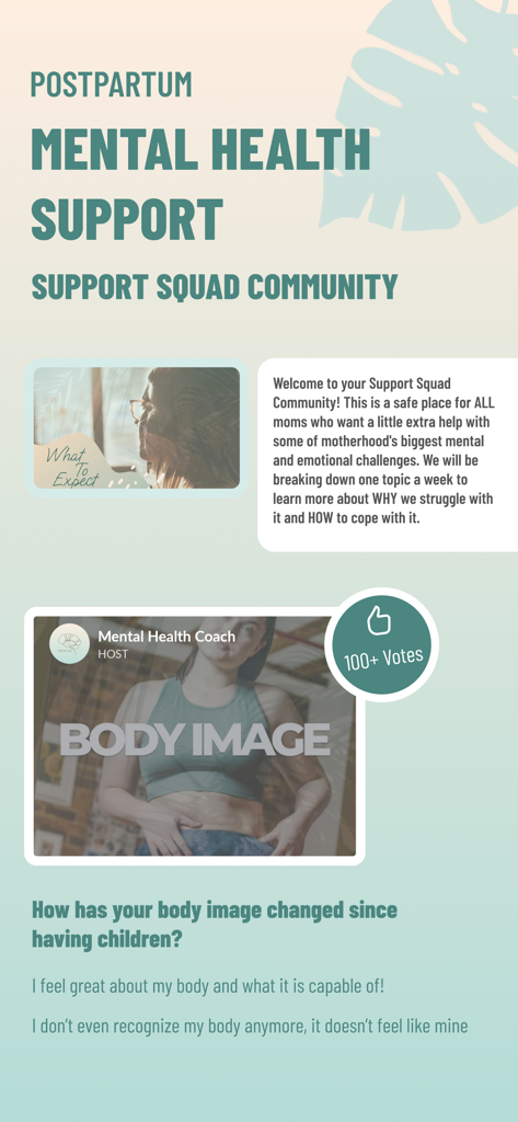 Birth Recovery Center - Interface of the Birth Recovery Center app showing postpartum mental health support and a community poll about body image.
