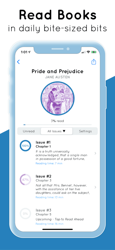 iPhone screen showing the Serial Reader app with a daily issue breakdown of the classic book Pride and Prejudice.