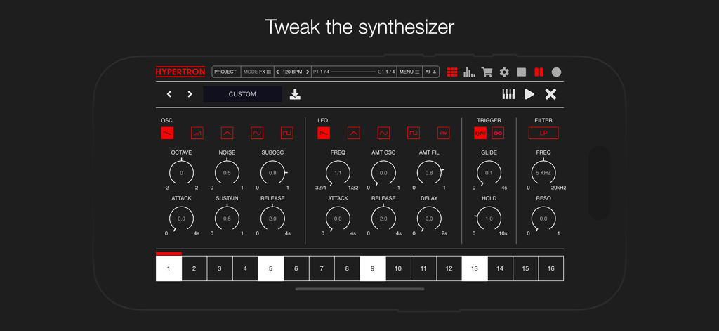 Hypertron - Interfaz de la app Hypertron mostrando controles de sintetizador para osciladores, LFO y filtros