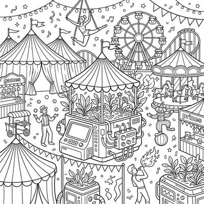 Step right up to a one-of-a-kind carnival experience where the future of gardening meets classic fairground delights. This intricate coloring page blends the joy of a bustling circus with innovative smart planter technology for an unforgettable artistic adventure.