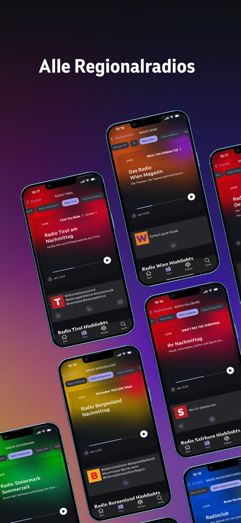 ORF Sound - Multiple iPhone screens displaying various Austrian regional radio stations within the ORF Sound app