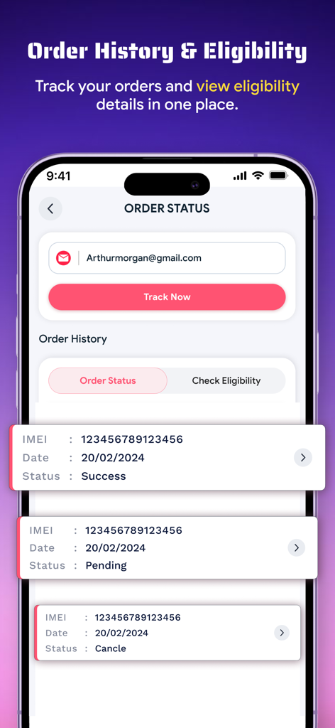 Order history and eligibility tracking for IMEI status checks