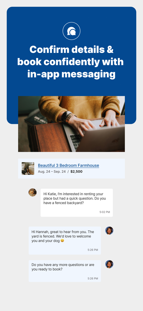 Oberfläche der Furnished Finder App, die eine direkte Chat-Konversation zwischen einem Mieter und einem Vermieter bezüglich eines Mietobjekts zeigt.