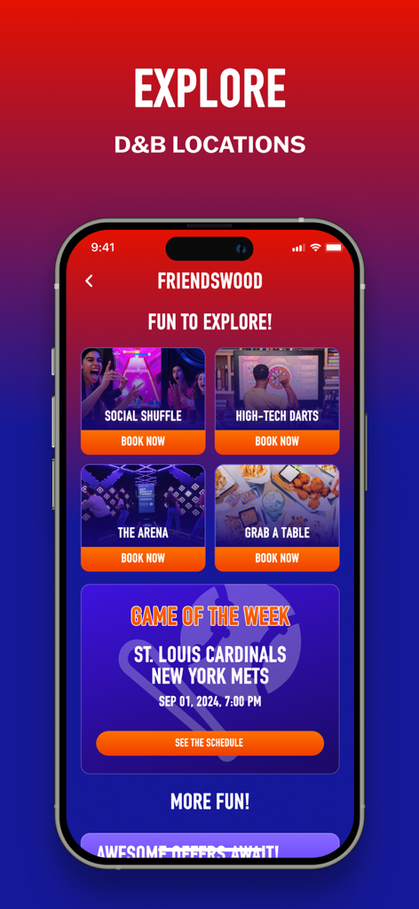 D&B Rewards - D und B Rewards App-Bildschirm, der Aktivitäten am Standort wie High-Tech-Darts und den Spiel der Woche-Zeitplan anzeigt