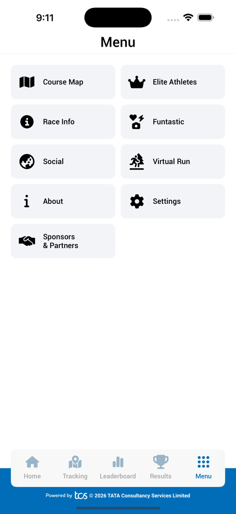 The main menu screen of the TMM 2026 Tata Mumbai Marathon mobile application