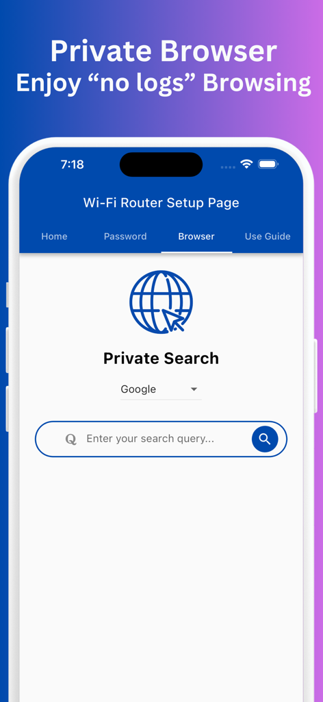 Router Setup Page Pro - Interface showing the private browsing and no-logs search feature of the Router Setup Page Pro app