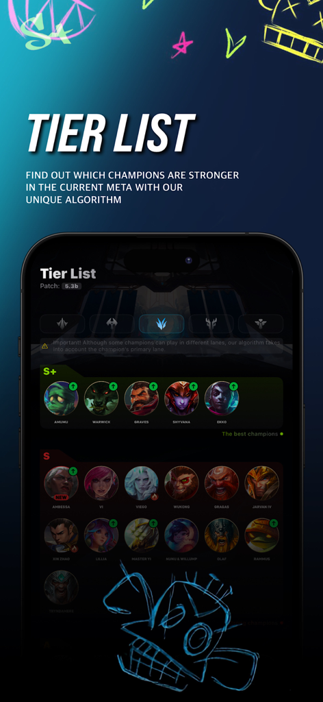 WRPRO - Lista de niveles de Wild Rift que muestra las clasificaciones del meta de campeones en la aplicación WRPRO