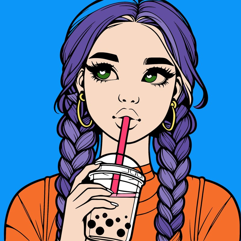 realistic girl with braided hair drinking boba