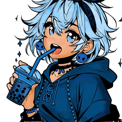hot baddie anime girl drinking boba and biting the straw
