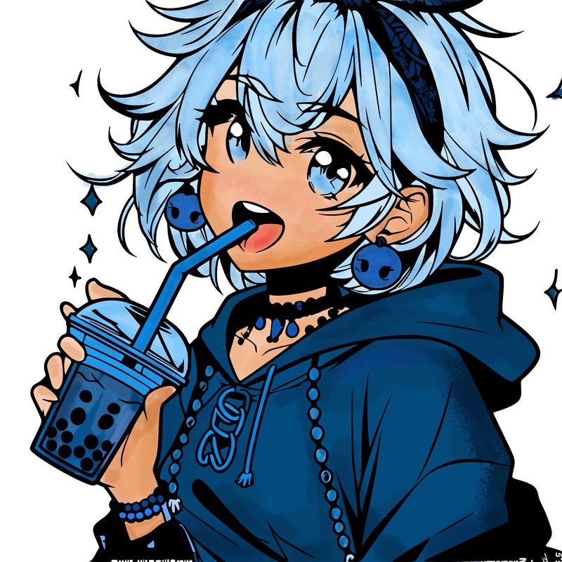 hot baddie anime girl drinking boba and biting the straw