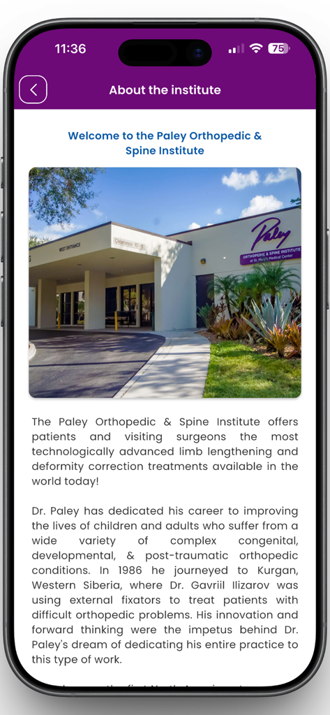 The Paley Orthopedic & Spine - La sección "Acerca de" de la aplicación Paley Orthopedic and Spine que muestra la entrada al edificio del instituto.