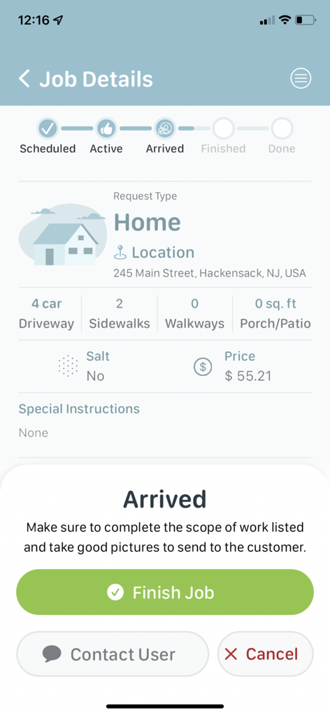 Shovler app interface showing job details for a snow removal request including status tracking, location in New Jersey, and a button to finish the job.