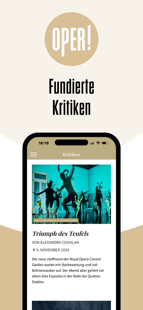 The OPER! app displaying in-depth opera reviews and international performance articles on a smartphone.