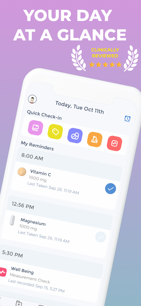 BPD Tracker - Bravita BPD Tracker app interface showing a daily overview with quick check-in icons and medication reminders