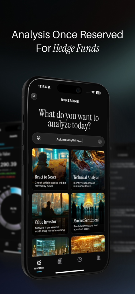 Barebone AI finance app home screen with stock analysis and market sentiment features