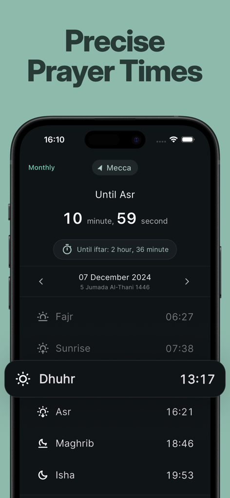 Beyt: Quran and Prayer Times - Beyt app interface showing precise daily prayer times and countdown to the next prayer.